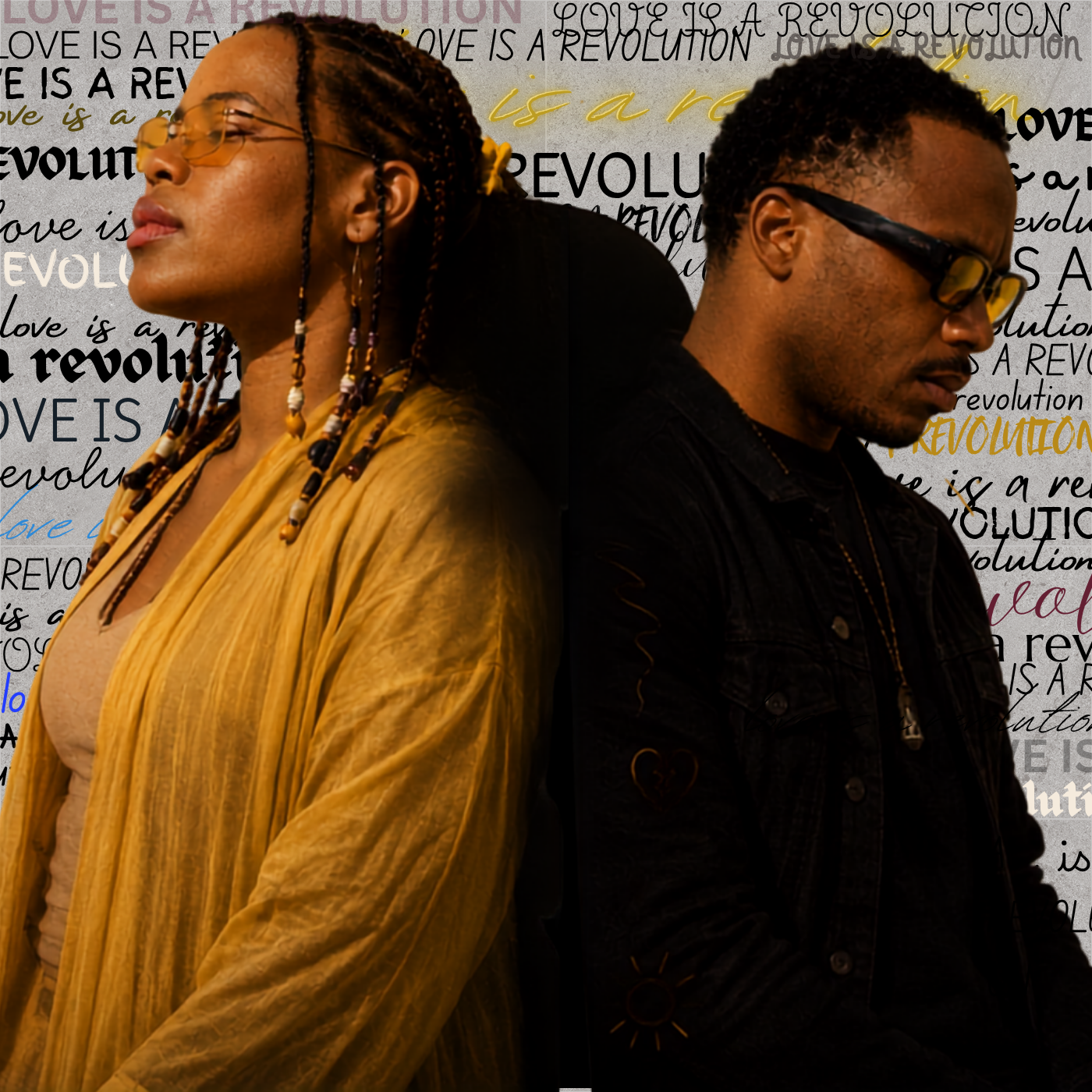 Love Is A Revolution artwork featuring Hadassah and Kribo’w Mendez against repeated title lettering